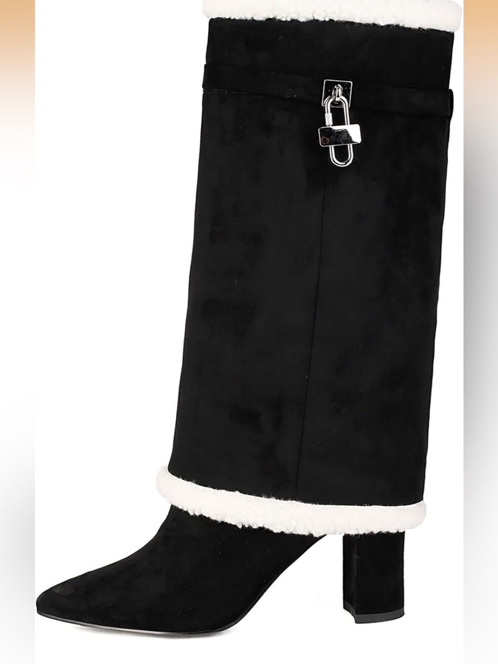 Fold Over Boots with Padlock Pull On Mid Calf Pointed Toe Chunky Heel 1229/1:v